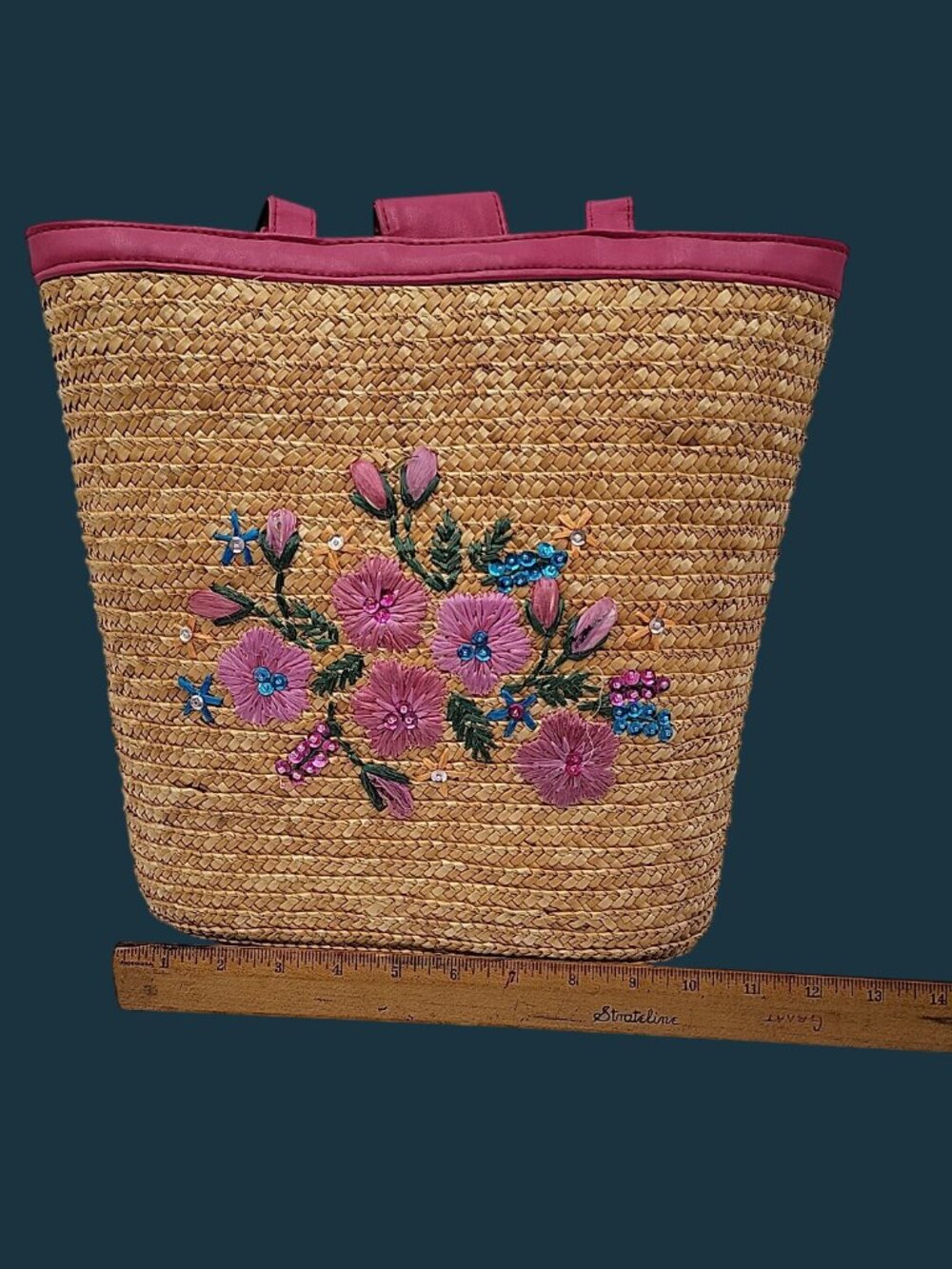 Vintage White Stag Flower Embroidered Straw Tote Bag Fuchsia Trim Y2K Boho - Picture 6 of 10